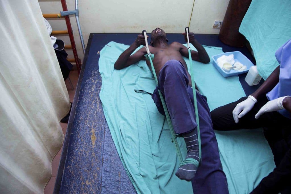 He has to exercise his legs, amidst excruciating pain with hope that the muscles will gain back their natural strength so he can ably walk again without a walking aid.